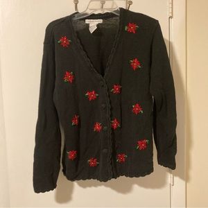 Vintage Victoria Jones Black and Red Beaded Poinsettia Ugly Christmas Sweater